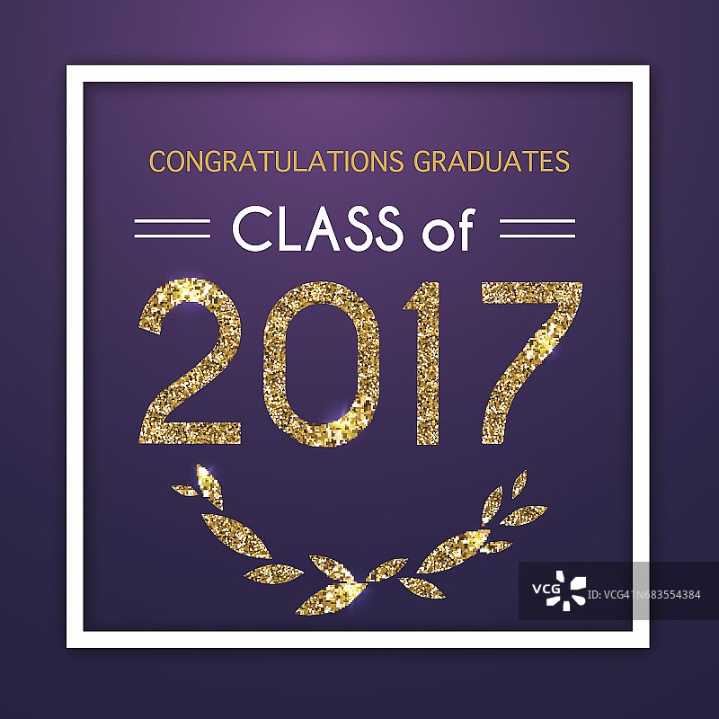 祝贺2017届毕业生。派对，庆祝，高中/大学矢量插图在蓝色的背景。图片素材