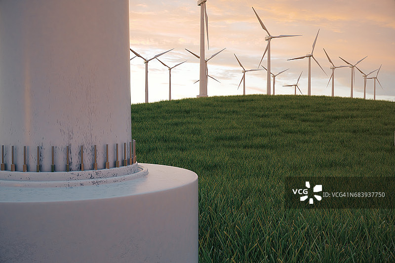 三维插图，涡轮机在田间，绿色，风力涡轮机，发电，生态动力。来自太阳的环保能源。未来的概念能源。图片素材