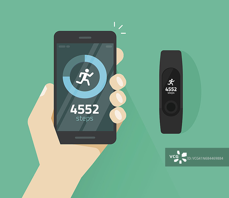腕带手链与跑步活动和健身跟踪应用程序在手机上屏幕矢量平面，智能手机与跑步跟踪器和腕带，行走步骤计数器运动技术在手机上图片素材