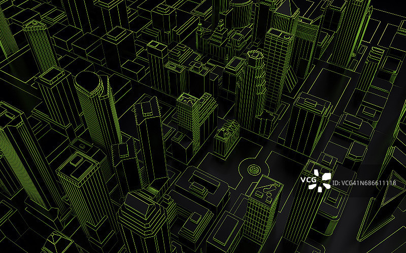 暗低聚城市绿色网格3d渲染图片素材