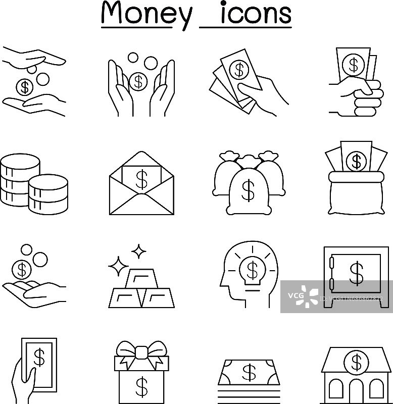 金钱和手，投资，资产，现金，利润，金融图标设置在细线风格图片素材