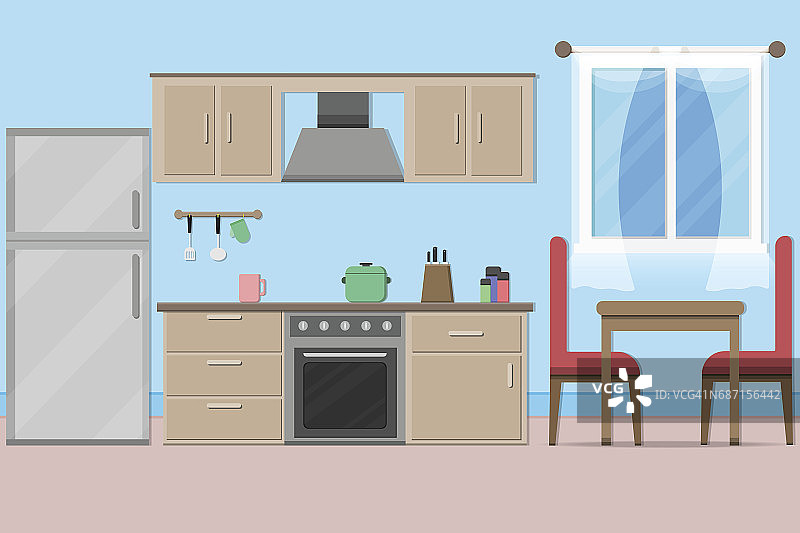 室内厨房设计与厨具。向量和插图图片素材