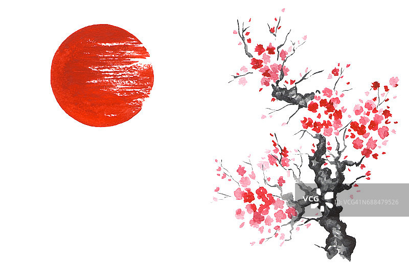 日本传统绘画Sumi-e艺术樱花太阳图片素材