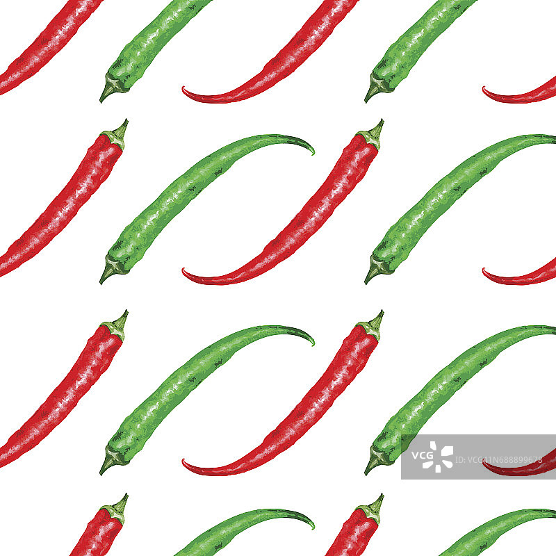 鲜水彩红和绿辣椒辣椒矢量插图孤立在白色背景，无缝矢量图案烹饪配料佐料，手绘辣设计菜单，纺织品，壁纸图片素材