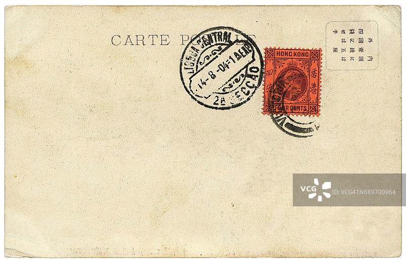 二十世纪初由香港寄往葡萄牙的老式空白明信片图片素材