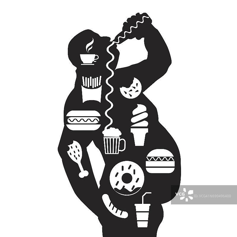 男人的身体和垃圾不健康的食物在一个肥胖的身体图片素材