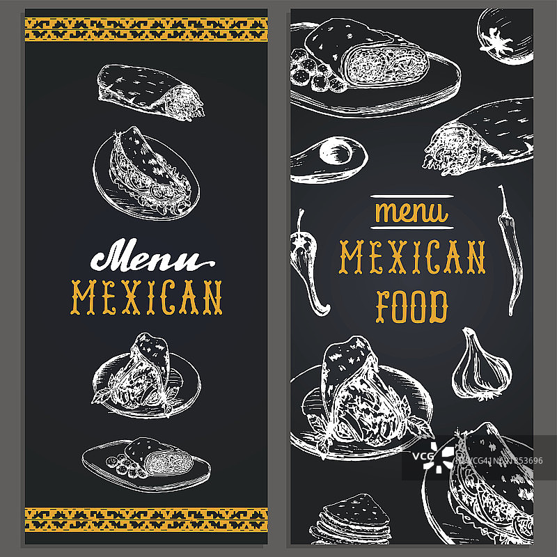 墨西哥菜菜单在矢量。墨西哥卷饼，玉米片，玉米饼插图。时髦的小吃店，快餐店的标志。图片素材
