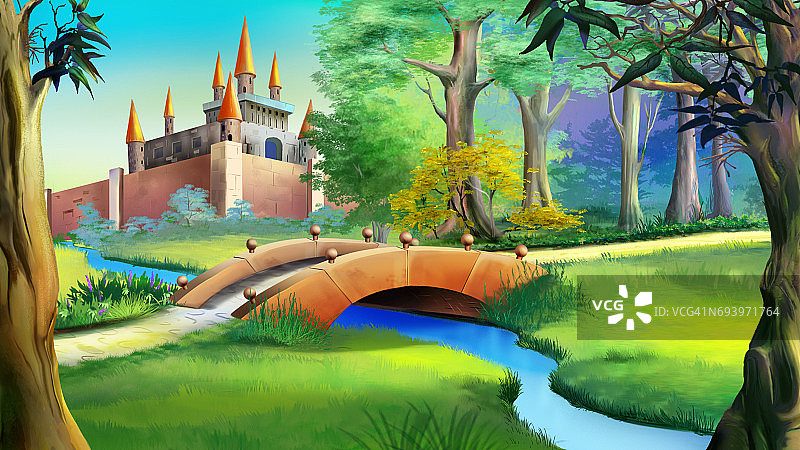 风景中有童话般的城堡和河上的小桥。图片素材