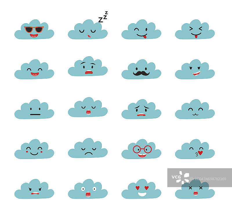 Emoji云向量。可爱的微笑云与面向量集图片素材