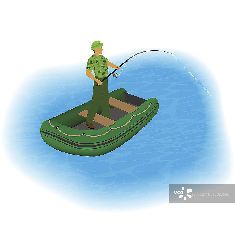 渔夫站在一只充气的船上，带着鱼竿和拉长的鱼线。人们户外活动。图片素材