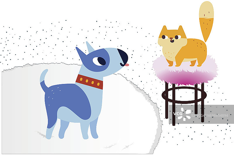猫和狗的角色。斗牛犬和姜色猫。矢量平面卡通插图。孤立在白色背景上。图片素材