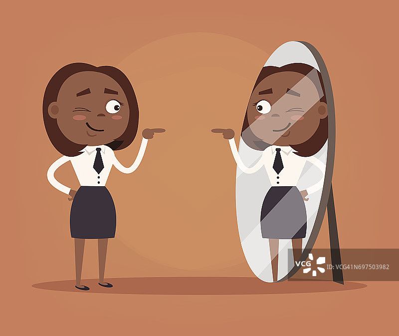 快乐微笑自恋的非洲裔美国女商人办公室职员性格看着镜子图片素材