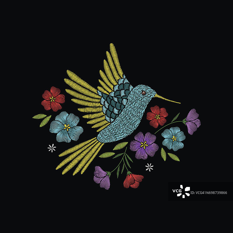 刺绣图案与蜂鸟和热带花卉图片素材