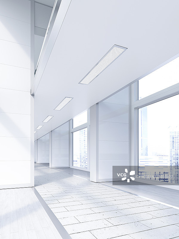 现代办公大楼的空大厅，3D渲染图片素材