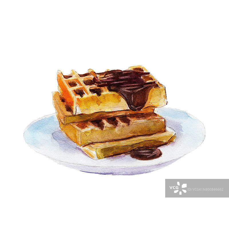 比利时华夫饼与巧克力糖浆在白色的盘子，水彩插图手绘风格。图片素材