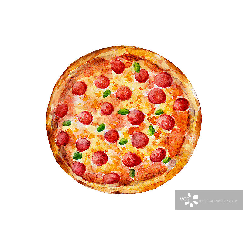意大利披萨与辣香肠，水彩插图孤立在白色背景。图片素材