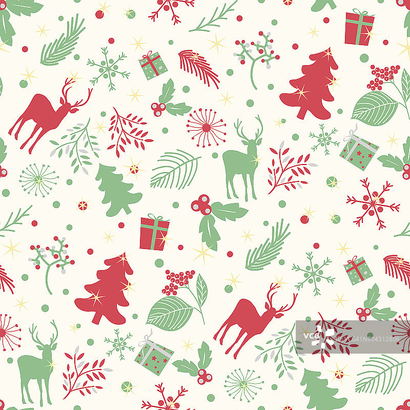 无缝模式与树，树叶和鹿在一个白色的背景。圣诞快乐的背景。冬天矢量模式图片素材