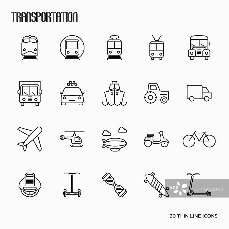 交通，物流和旅行细线图标集。矢量插图。图片素材
