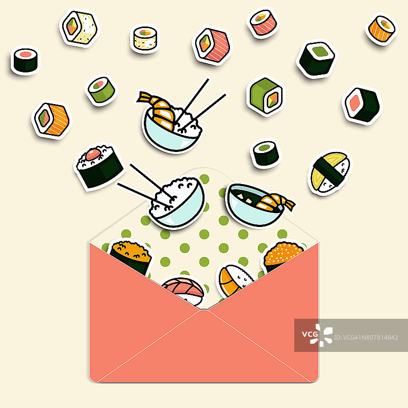 餐卷寿司装在纸信封里。点阵副本。图片素材