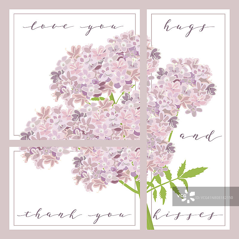 一套卡片，上面写着爱你和谢谢你，背景是舒适的紫色花朵图片素材