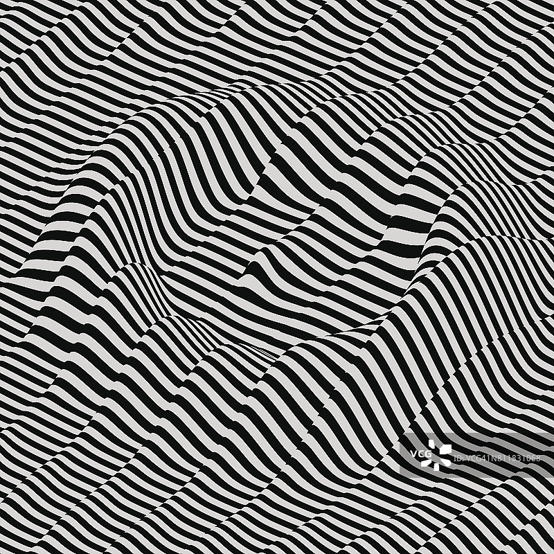 三维波浪背景。动态效果。黑白图案。带有光学错觉的图案。矢量插图。图片素材