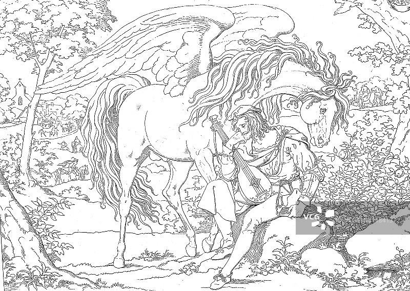 诗人帕伽索斯拿着曼陀林坐在他长翅膀的马旁边的一块石头上图片素材