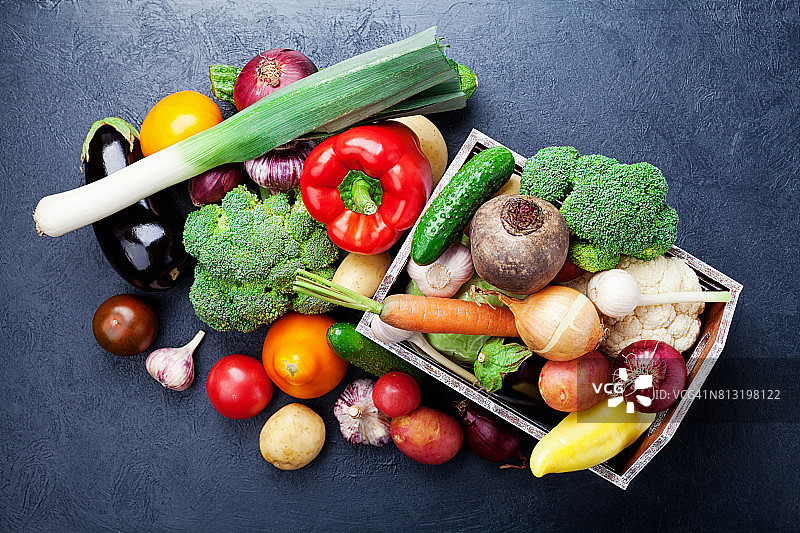 木箱与秋收蔬菜和根作物在黑色厨房桌子上俯视。图片素材
