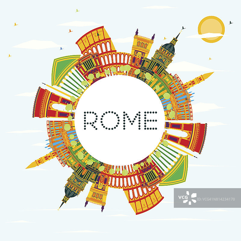 罗马天际线与彩色建筑，蓝天和复制空间。图片素材