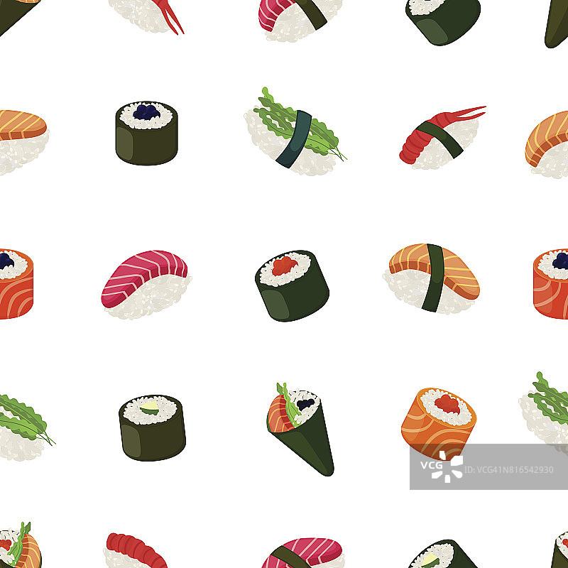 寿司无缝模式-亚洲食物与鱼，大米，海藻，鱼子酱图片素材