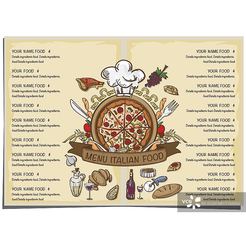菜单意大利菜餐厅模板设计手绘图形。图片素材