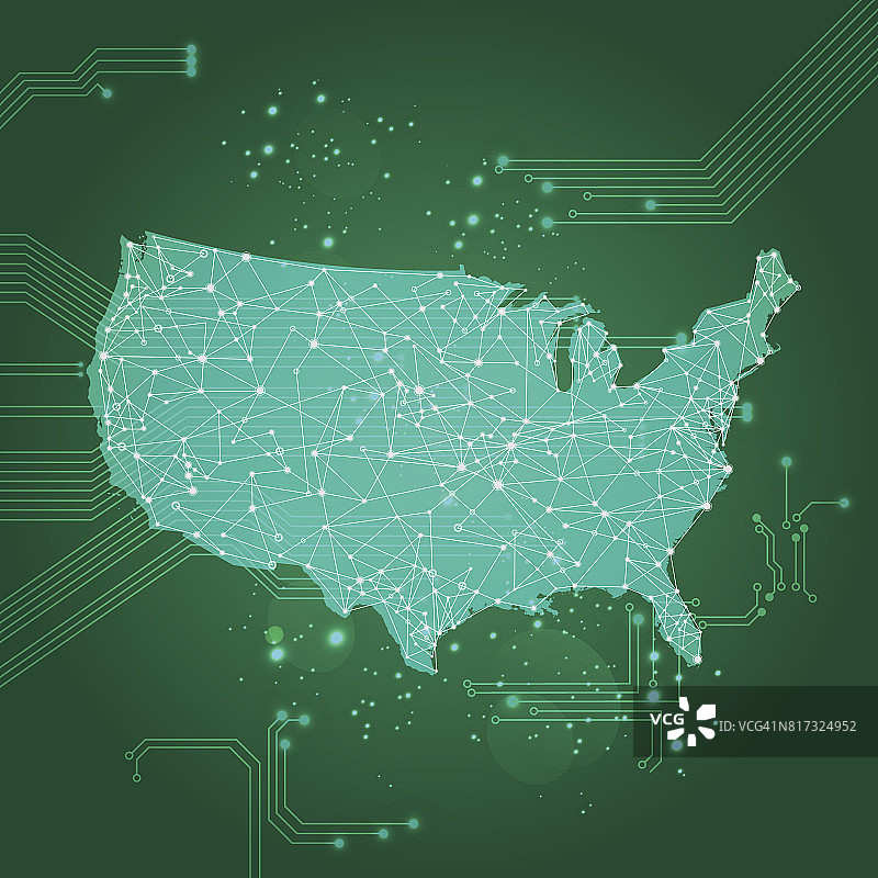 美国空间网络地图，蓝绿色背景图片素材