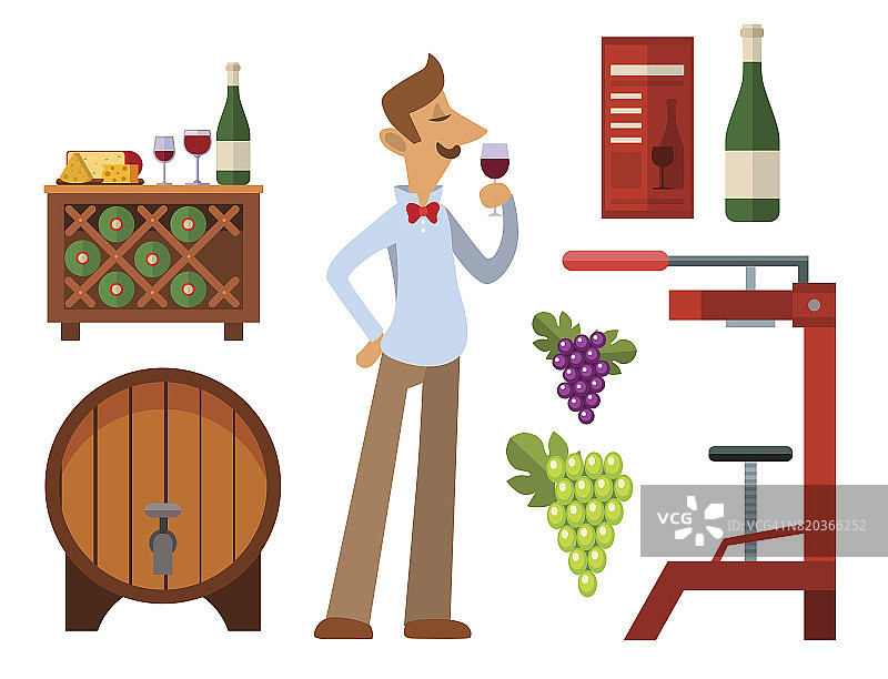 葡萄酒厂制作收获的酒窖葡萄园玻璃饮料行业酒精产量矢量图解图片素材