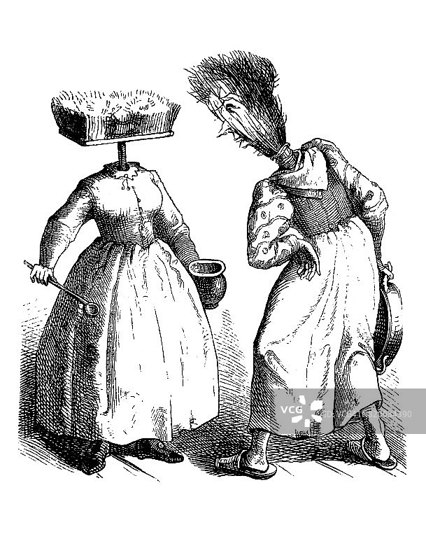 两个拿着扫帚而不是头的女人在清洁问题上意见相左，幽默的场景——1867年图片素材