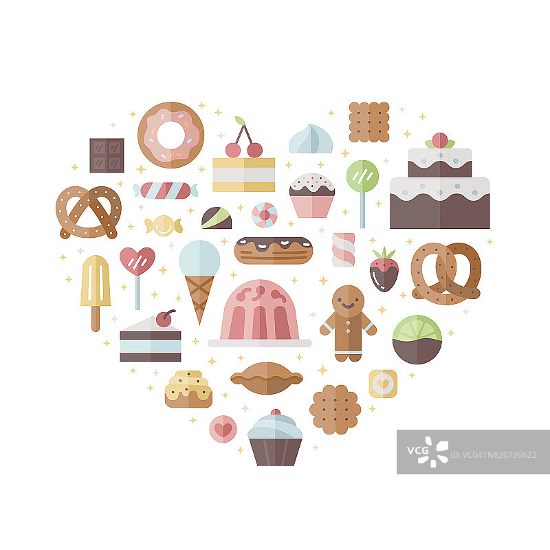 糖果和糕点平面矢量心形插图。图片素材