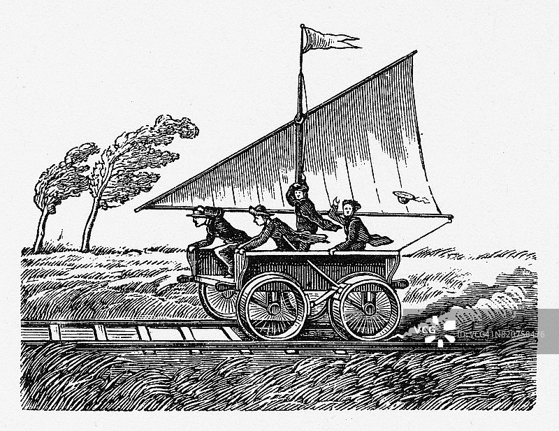 在轨道上行驶的风力火车，1873年图片素材