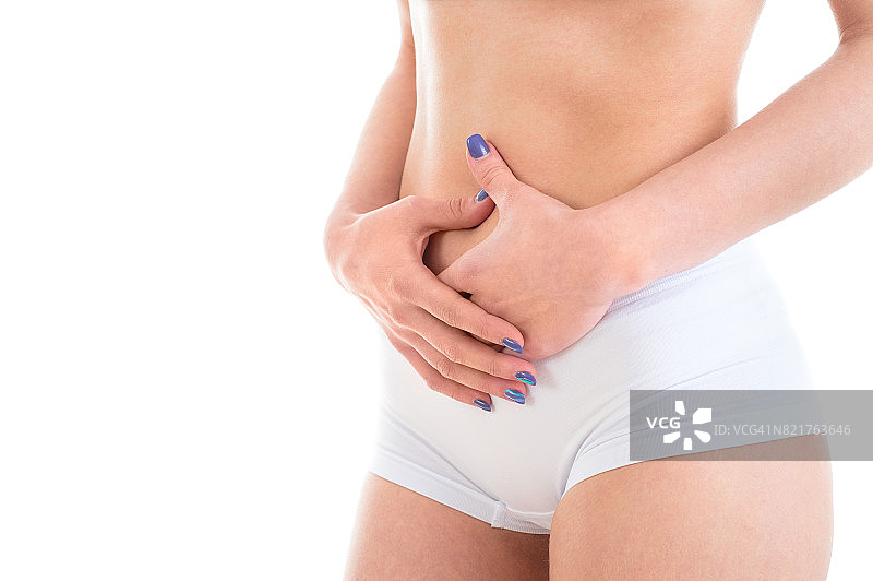 女性胃痛，白色孤立背景图片素材