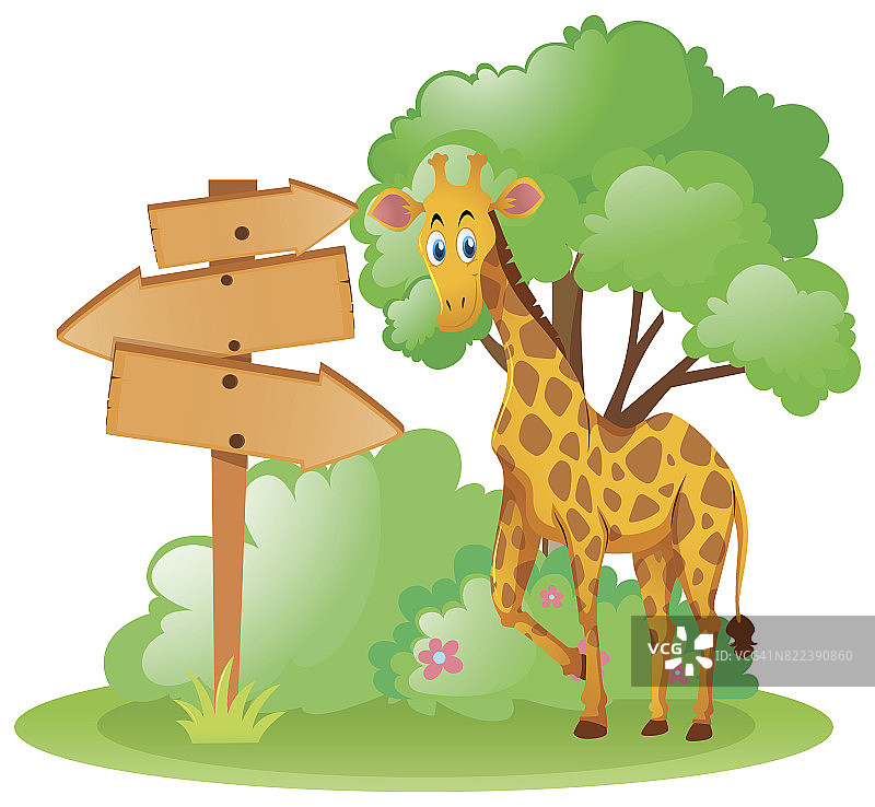 长颈鹿站在公园的木制标志旁边图片素材