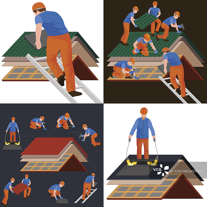 屋顶建筑工人修理房屋，搭建结构用劳动设备修理屋顶瓦房，屋顶工用手中的工作工具进行户外装修住宅矢量插图图片素材