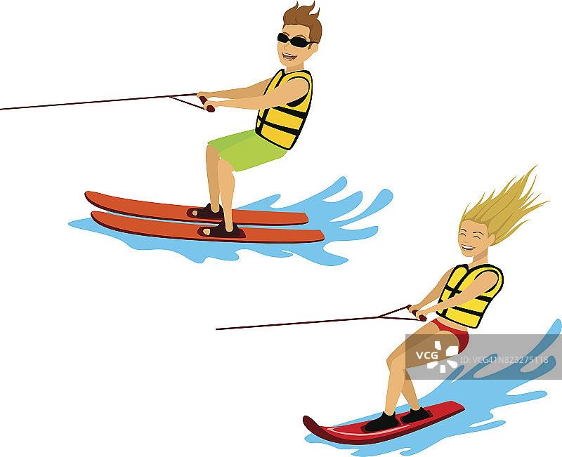 男人和女人骑滑水和尾流板孤立的卡通矢量插图图片素材