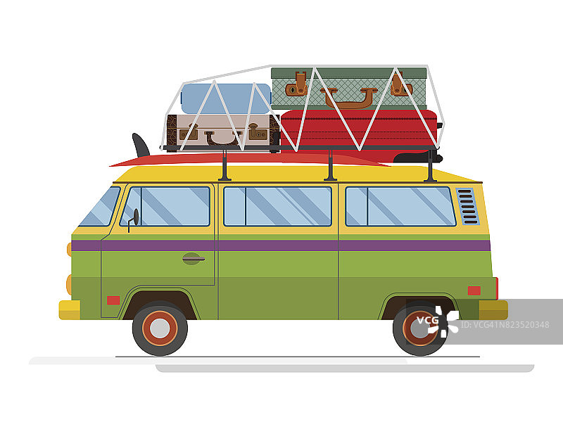孤立的旧面包车和大行李在车顶。平面设计。向量。图片素材