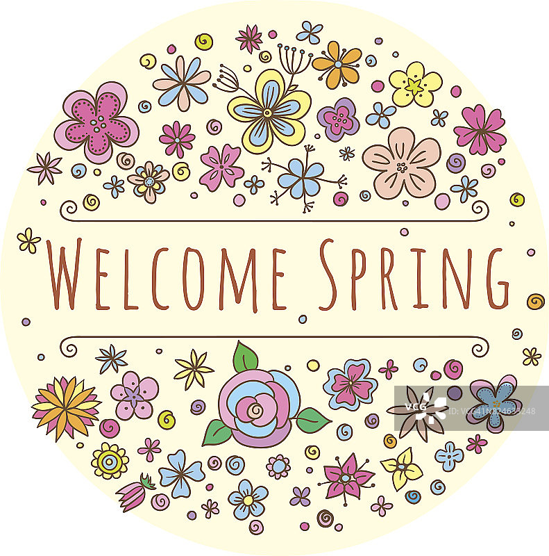 矢量字母欢迎春天与装饰花和树叶元素在白色和米色背景，手绘鲜花和树叶贺卡，邀请和网页设计。矢量插图。图片素材