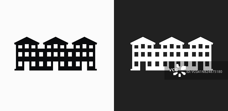 公寓建筑图标上的黑色和白色矢量背景图片素材