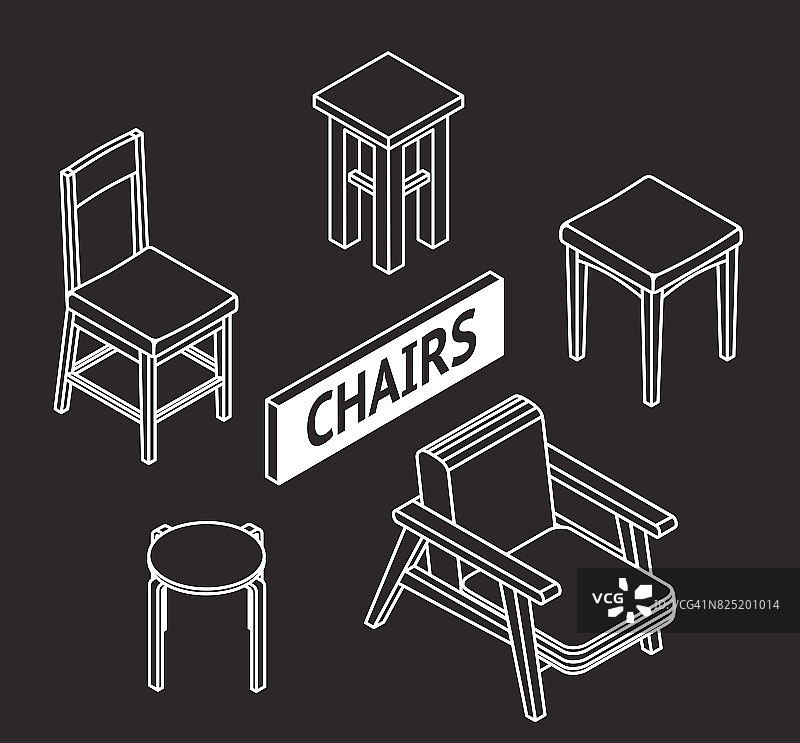 3D线绘制等距椅子。白底暗色图片素材