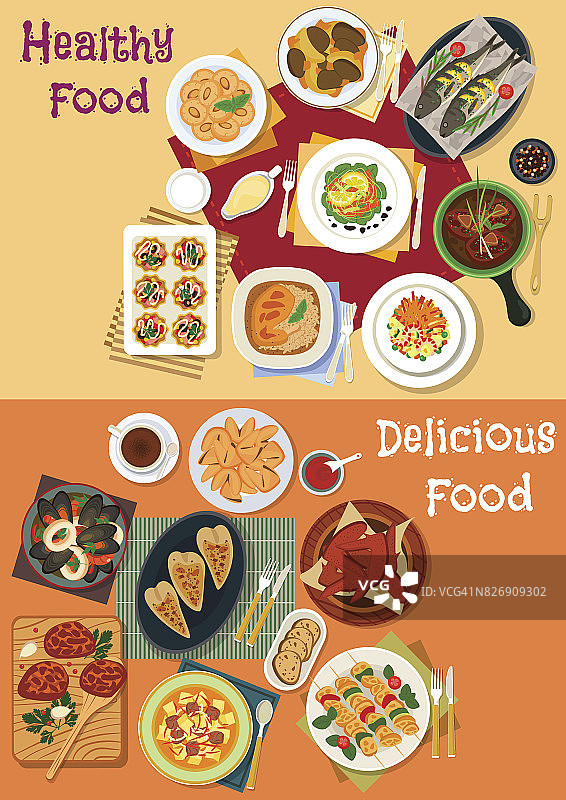 海鲜和肉类菜肴图标设置为晚餐菜单图片素材