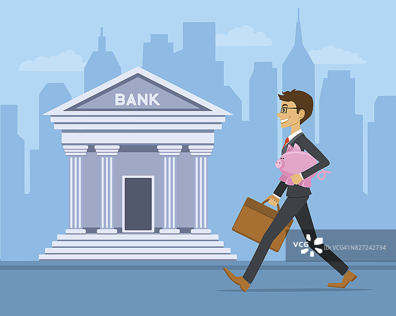 快乐开朗的商人携带小猪储蓄罐矢量插图。银行大楼，城市景观，城市背景。省、集、投资理念图片素材