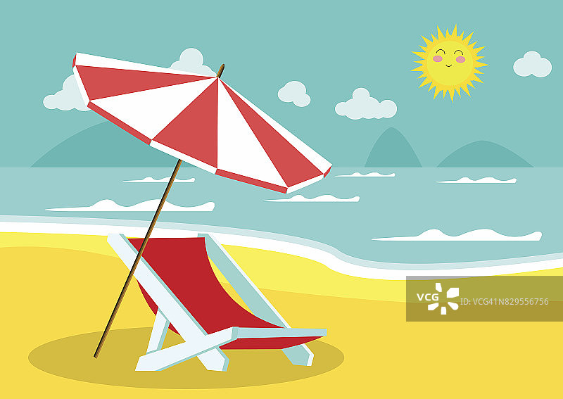 带伞和沙滩椅的海景。暑假概念背景。向量。图片素材