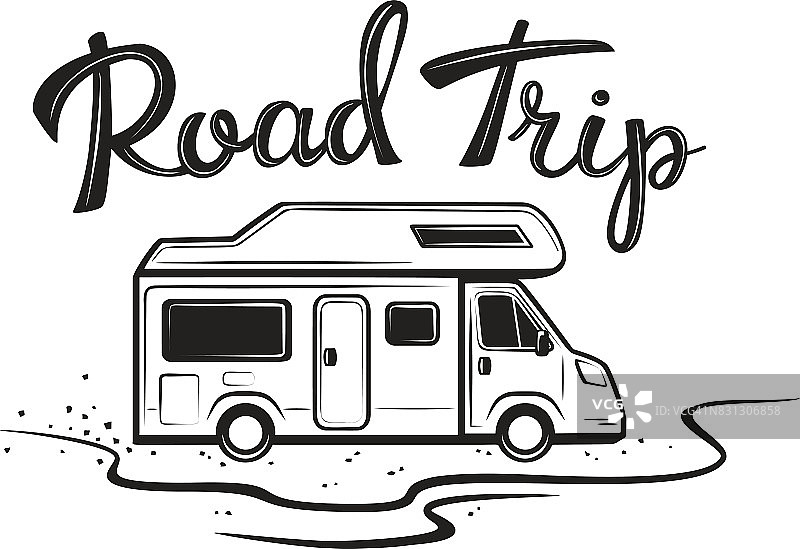 公路旅行海报与露营者在去度假的路上黑色与手写文字图片素材