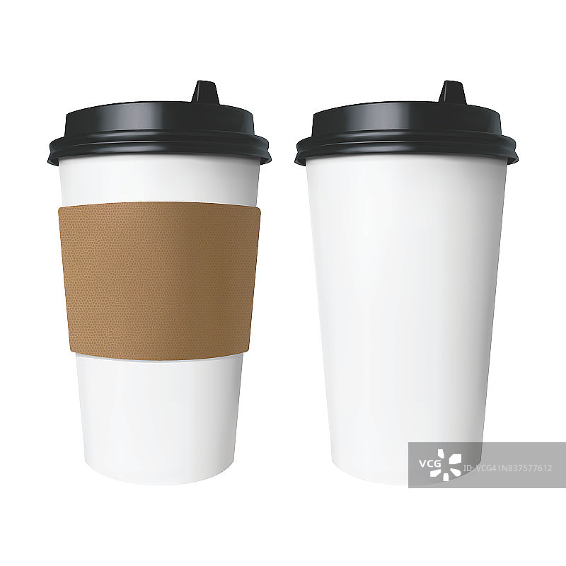 白色纸杯，棕色盖，有标签和没有标签。隔离的媒介杯热饮，如咖啡和茶。图片素材