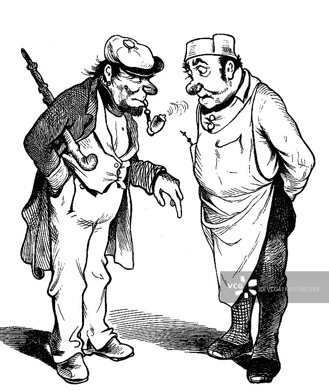 一个拿着烟斗的男人和一个穿围裙的男人交谈图片素材