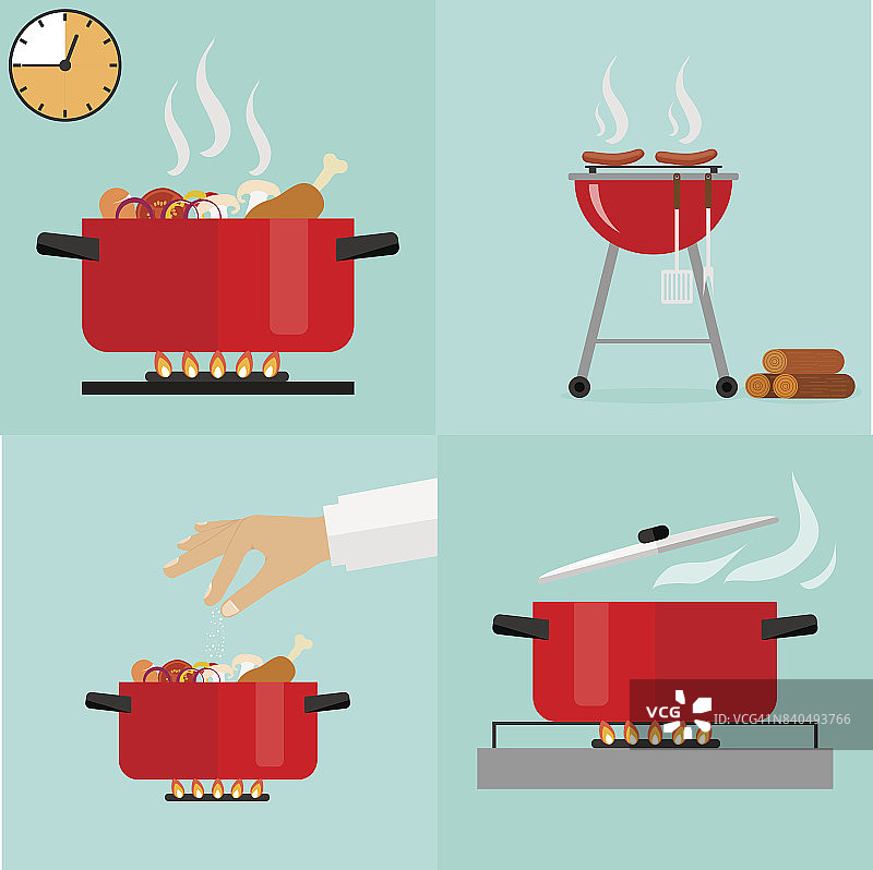 热锅孤立，炖锅在炉子上，锅图标，烹饪。烧烤，烧烤，热狗，野餐，木头，香肠。图片素材